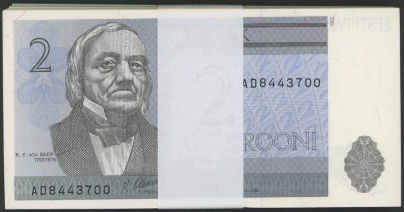 1992 Estland 2 krooni, seddelbunke 100 stk. i nr. rekkefølge, 0