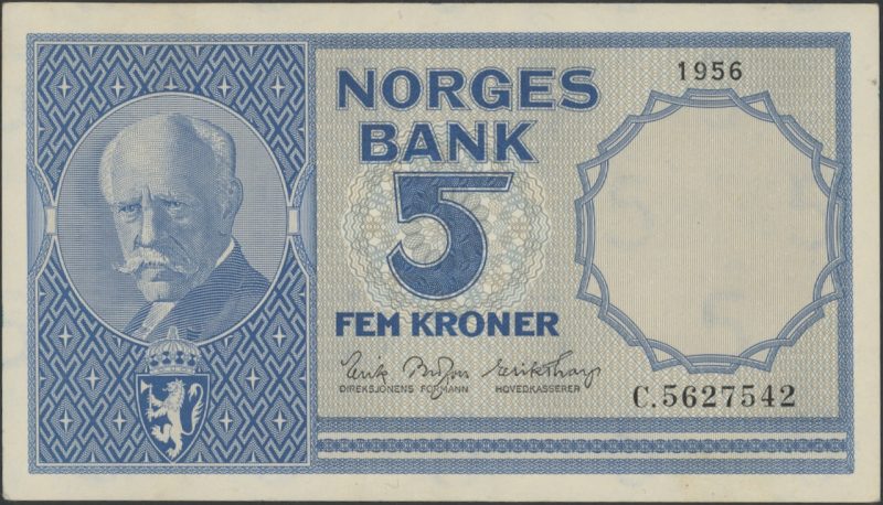 1956 5 kroner C.5627542, 4. utg., litt gulnet, 01