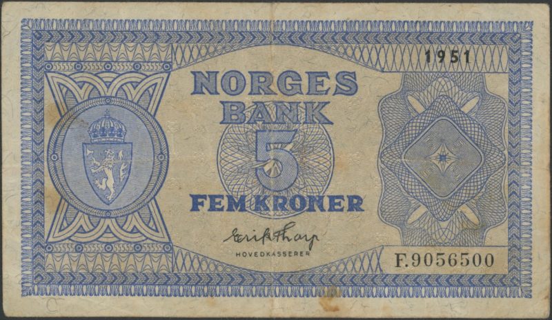 1951 5 kroner F.9056500, flere flekker, 1-