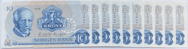 1979 10 kroner BO 3667309-18, 10 stk i rekkefølge, 0