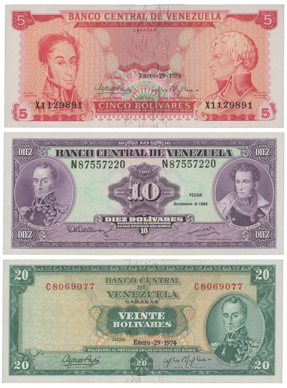 1974-1992 Venezuela 5, 10 og 20 bolivares, 3 sedler, VK