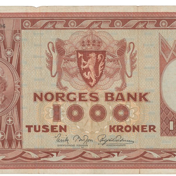 1966 1000 kroner A.2580896, 4. utgave, skade i brett oppe, 1-