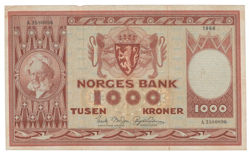 1966 1000 kroner A.2580896, 4. utgave, skade i brett oppe, 1-