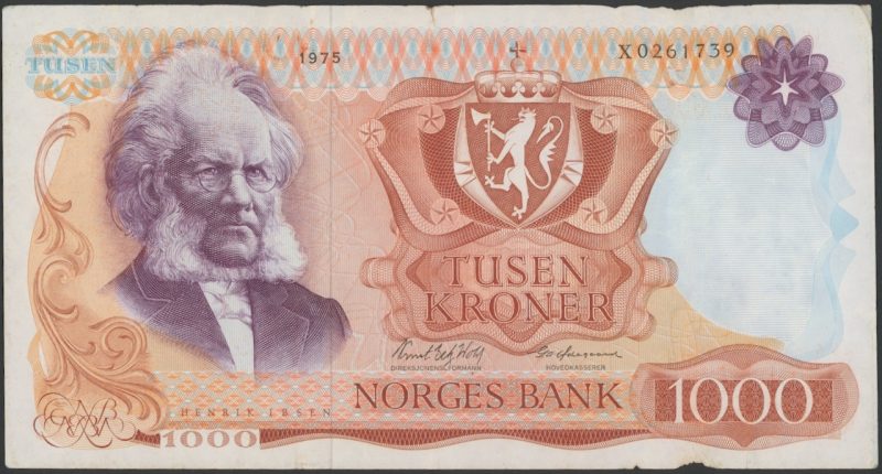 1975 1000 kroner X0261739, 5. utgave, erstatningsseddel, 1-/2
