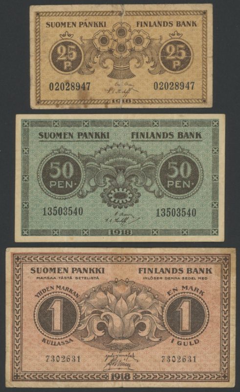 1918 Finland 25 pennia, 50 pennia, 1 markka, VK