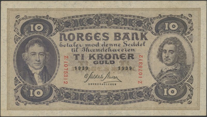 1939 10 kroner Z.1075312, 2. utgave, 1/1+
