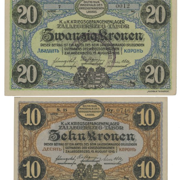 1916 Østerrike-Ungarn 10 og 20 kronen, Zalaegerzeg krigsfangelager, VK