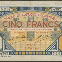 1929 Fransk Vest-Afrika 5 francs, hull og skrift, 1-