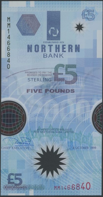 8. oktober 1999 Nord-Irland 5 pounds, millenium seddel, polymerseddel, 0