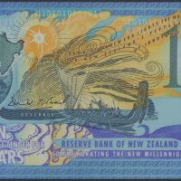2000 New Zealand 10 dollar, svart serienummer, polymerseddel, 0