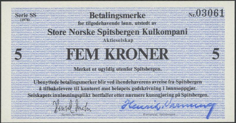 1978 Store Norske Spitsbergen Kulkompani 5 kroner, Serie SS, nr. 03061, 0