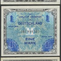 1944 Tyskland og Frankrike 1/2 og 1 mark 2 francs, Allied Military Currency, lot 3 sedler, 01 og 1+/01