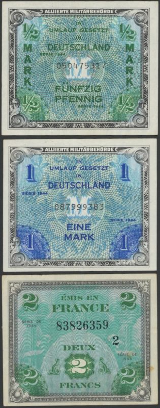 1944 Tyskland og Frankrike 1/2 og 1 mark 2 francs, Allied Military Currency, lot 3 sedler, 01 og 1+/01
