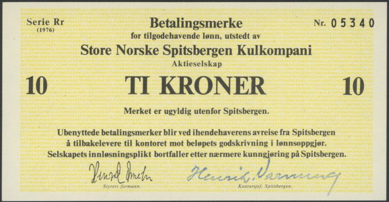 1976 Store Norske Spitsbergen Kulkompani 10 kroner, Serie Rr, nr. 05340, 0