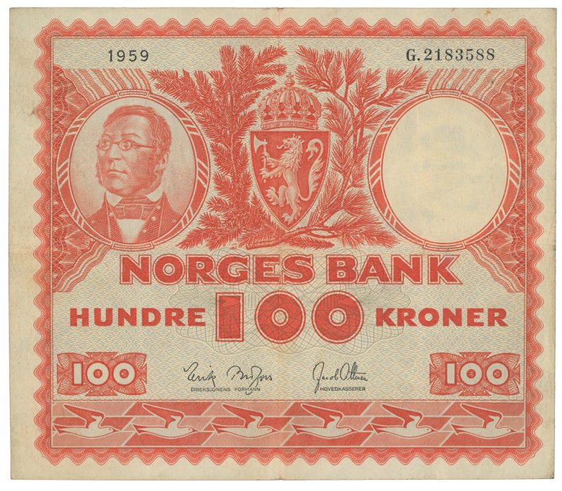1959 100 kroner G2183588, 4. utg., 1/1-