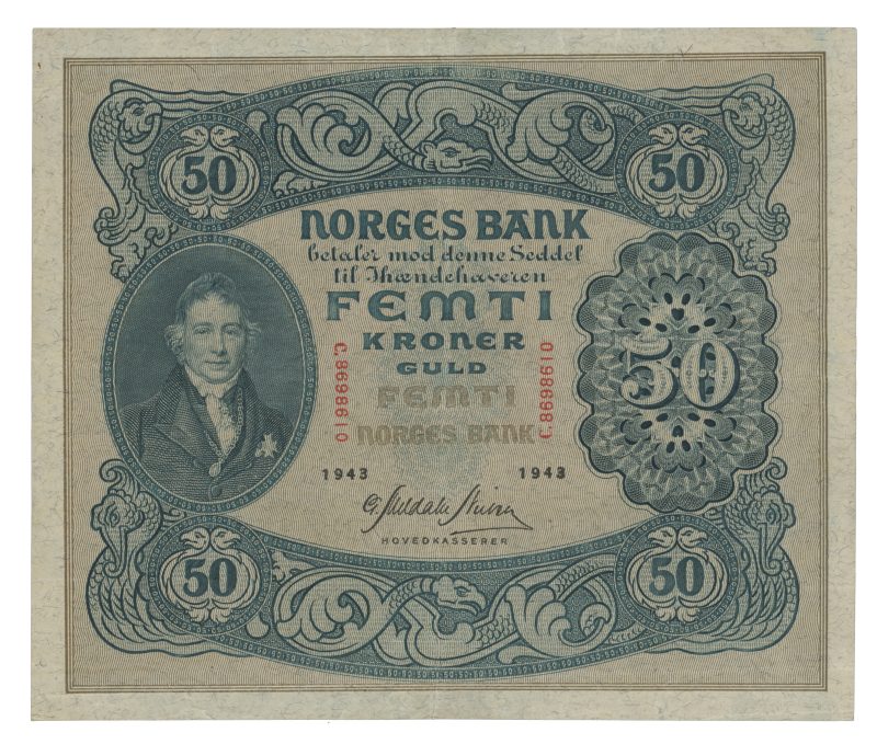 1943 50 kroner C.8698610, 2. utgave, liten brettrift, 1/1-