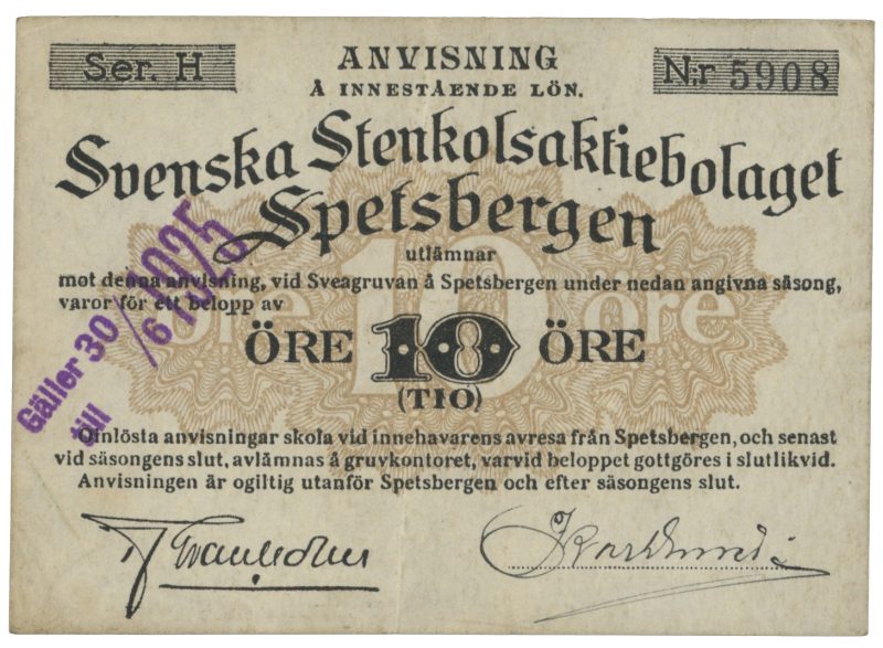 1924/25 Sverige 10 öre Svenska Stenkolsaktiebolaget Spetsbergen, serie H, Nr. 5908, 1+/01