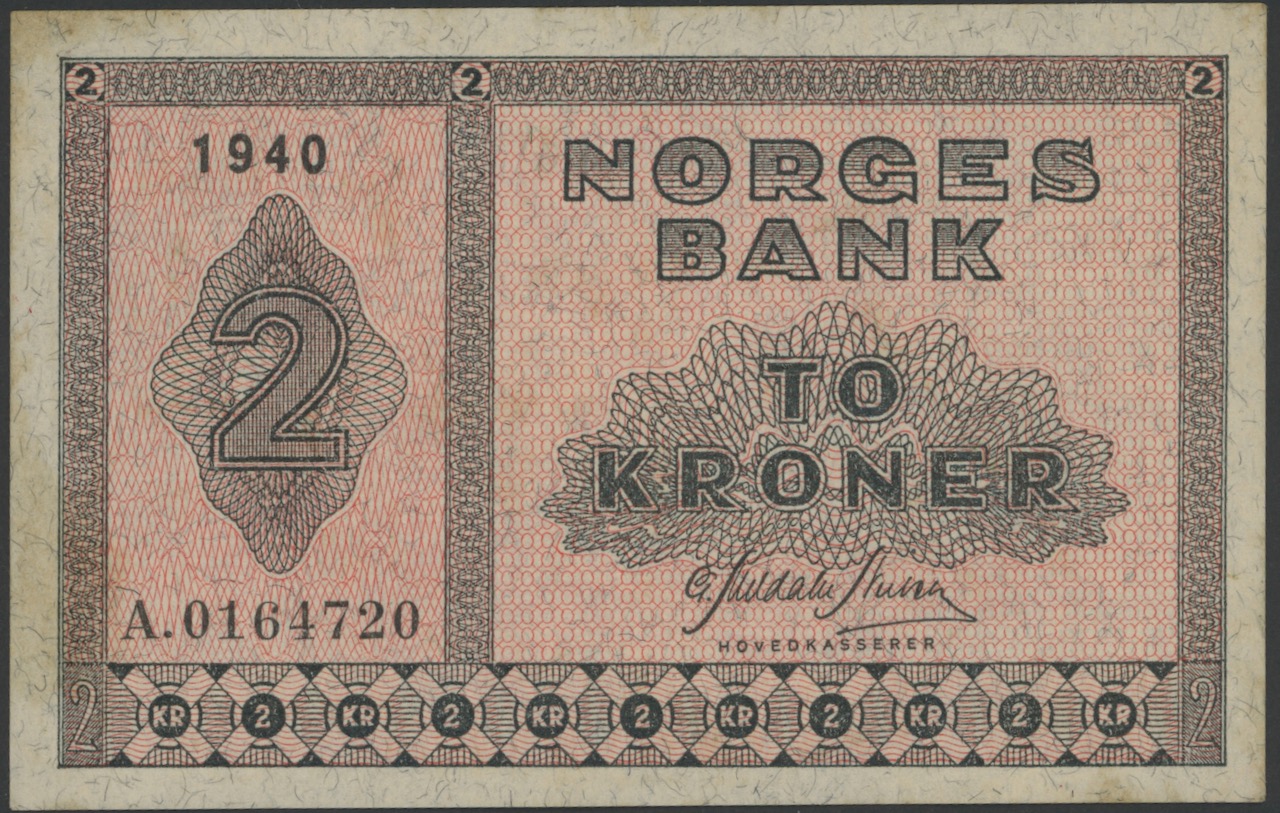 1940 2 kroner A.0164720, skillemyntseddel type II, mørke flekker, 01