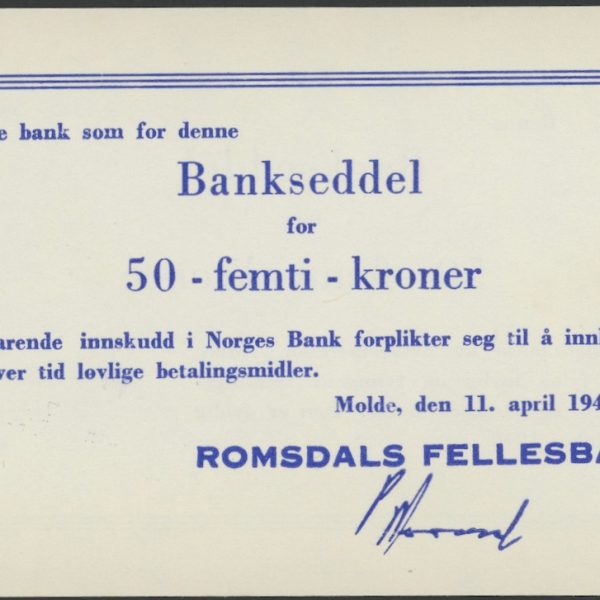 1940 Romsdals fellesbank 50 kroner, Nødseddel, 0