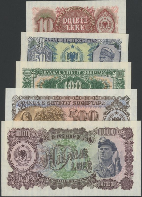 1949/1957 Albania 1000, 500, 100, 50, 10 leke, 5 stk. sedler, VK