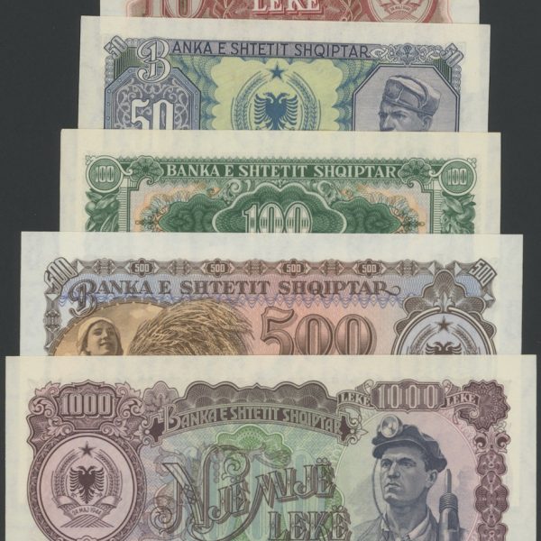 1949/1957 Albania 1000, 500, 100, 50, 10 leke, 5 stk. sedler, VK