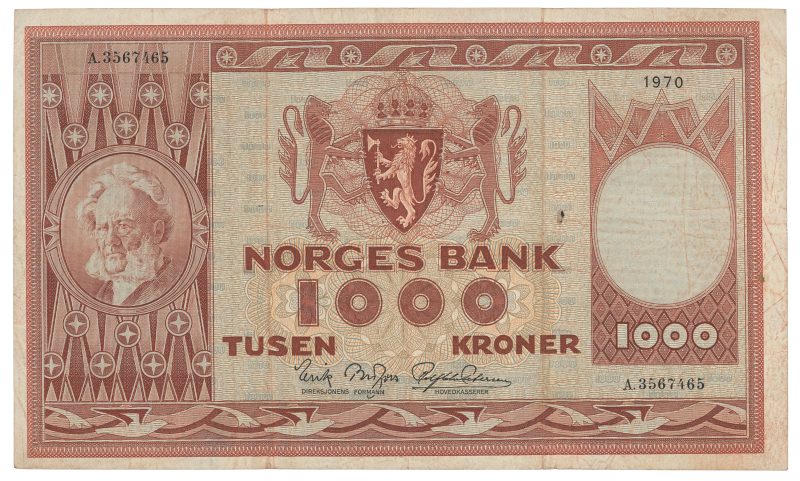 1970 1000 kroner A.3567465, 4. utg., lite hull, 1-
