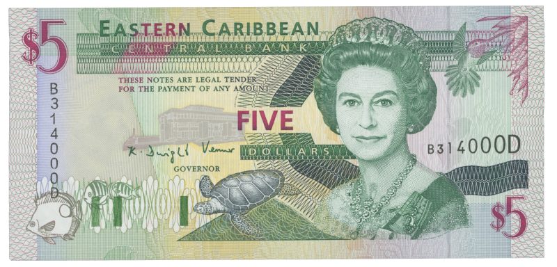 1994 Eastern Caribbean 5 dollars, Dominica, 0/01