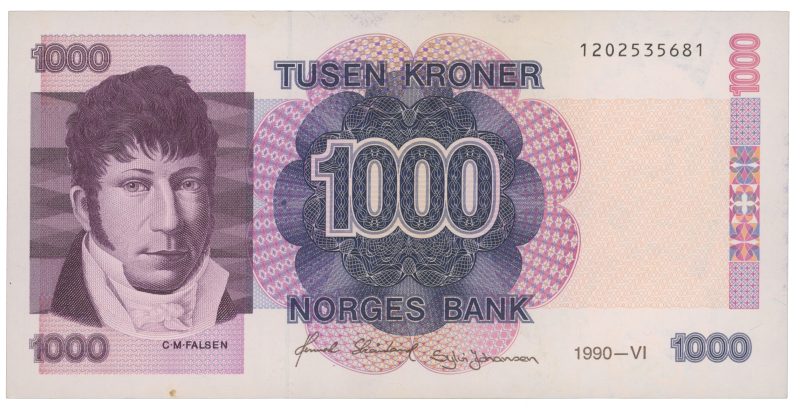 1990 1000 kroner 1202535681, 6. utg., liten flekk, 01