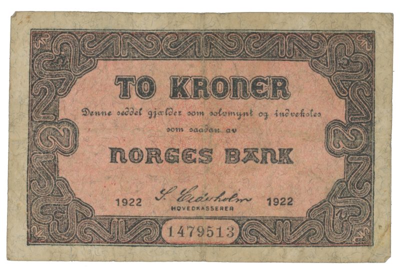 1922 2 kroner 1479513, skillemyntseddel type I, 1-/2
