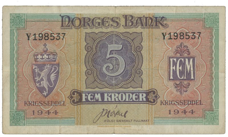 1944 5 kroner Y198537, Londonseddel, 1-/2