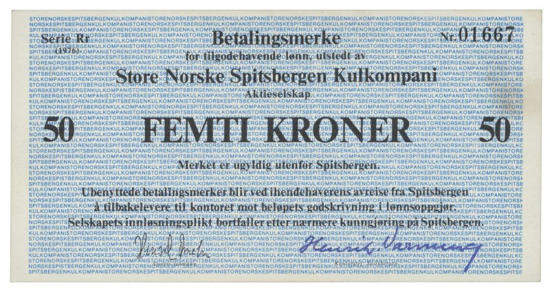 1976 Store Norske Spitsbergen Kullkompani 50 kroner, serie Rr, Nr. 01667, flekk høyre side, 01
