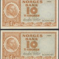 1954 10 kroner B.5248344-5, 2 stk. i rekkefølge, 4. utgave, 1+/01