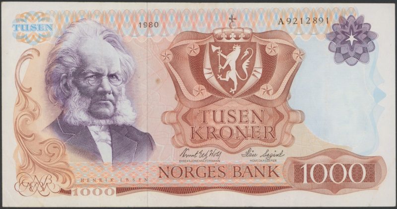 1980 1000 kroner A9212891, 5 utg., flekk, 1/1-