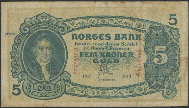 1913 5 kroner D.6588326, brettrift oppe, noe smuss, 1-