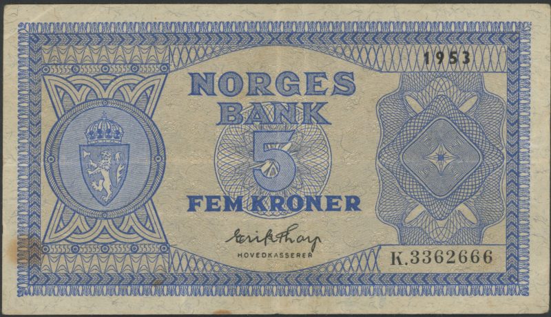 1953 5 kroner K.3362666, 3. utg., flekk, 1-