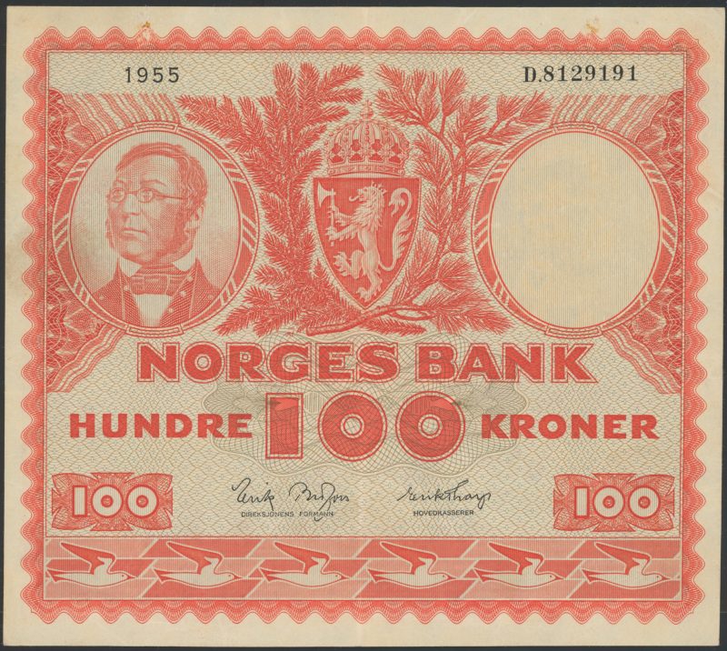 1955 100 kroner D.8129191, små merker i øvre marg, 1+