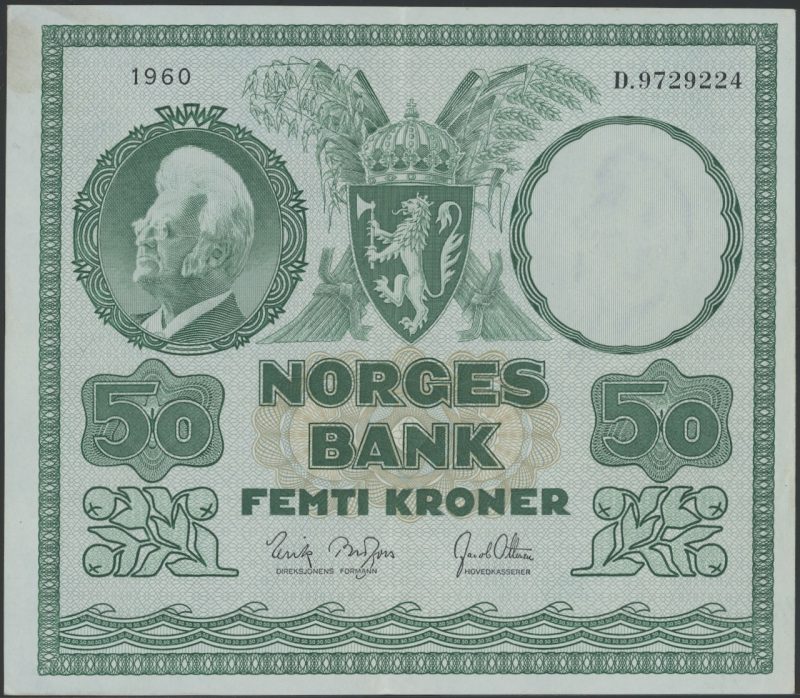 1960 50 kroner D.9729224, lite fingermerke, 1+/01