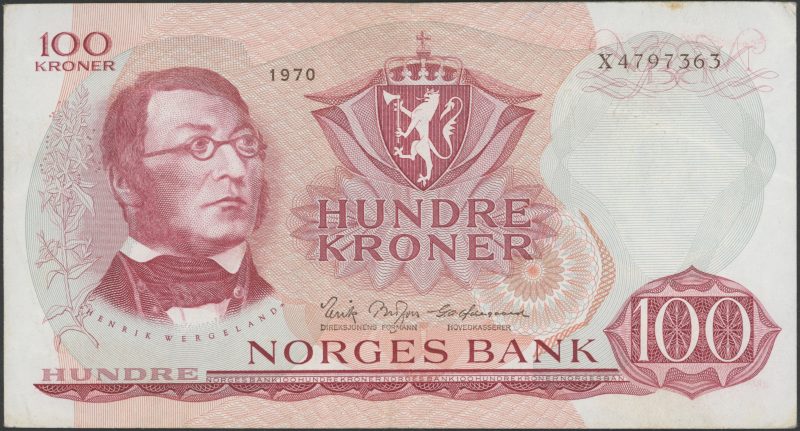 1970 100 kroner X.4797363, erstatning seddel, minimalt brettriss, 1