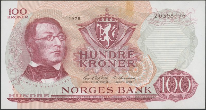 1975 100 kroner Z0305036, erstatning seddel, liten flekk, 1+