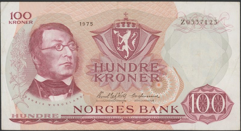 1975 100 kroner Z0337123, erstatning seddel, presset, liten margrift, 1