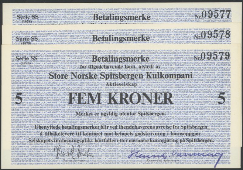1978 SS Store Spitsbergen Kullkompani 5 kroner, 3 stk i nummer rekkefølge Nr. 09577-9, 0/01