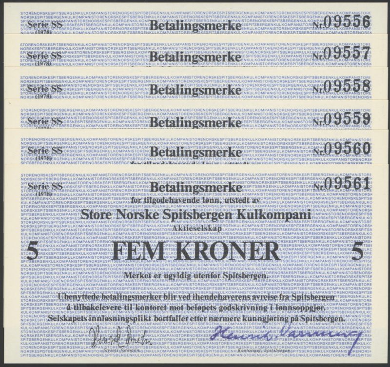 1978 SS Store Spitsbergen Kullkompani 5 kroner, 6 stk i nummer rekkefølge Nr. 09556-61, 0/01