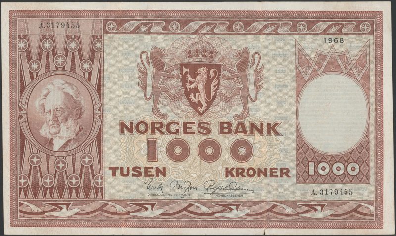 1968 1000 kroner A.3179455, brett rift, 1/1-