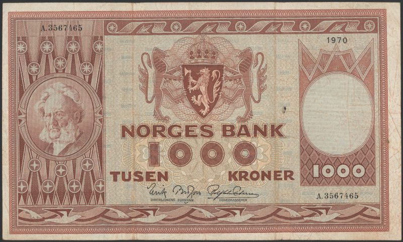 1970 1000 kroner A.3567465, 4. utg., lite hull, 1-