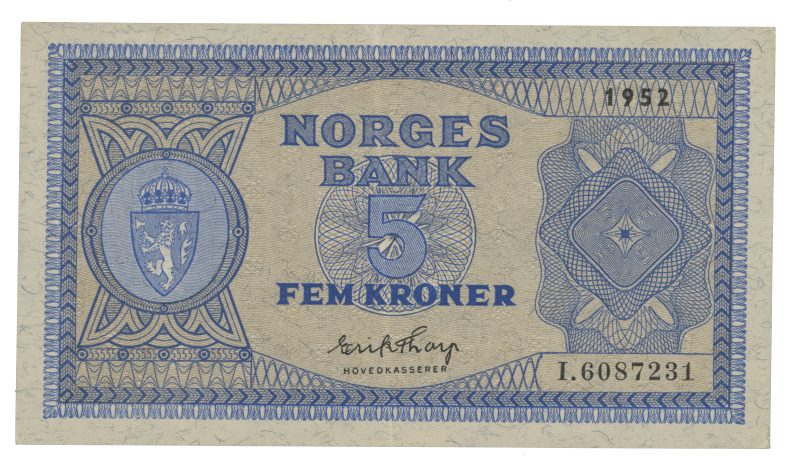 1952 5 kroner I. 6087231, 3. utgave, 1+/01