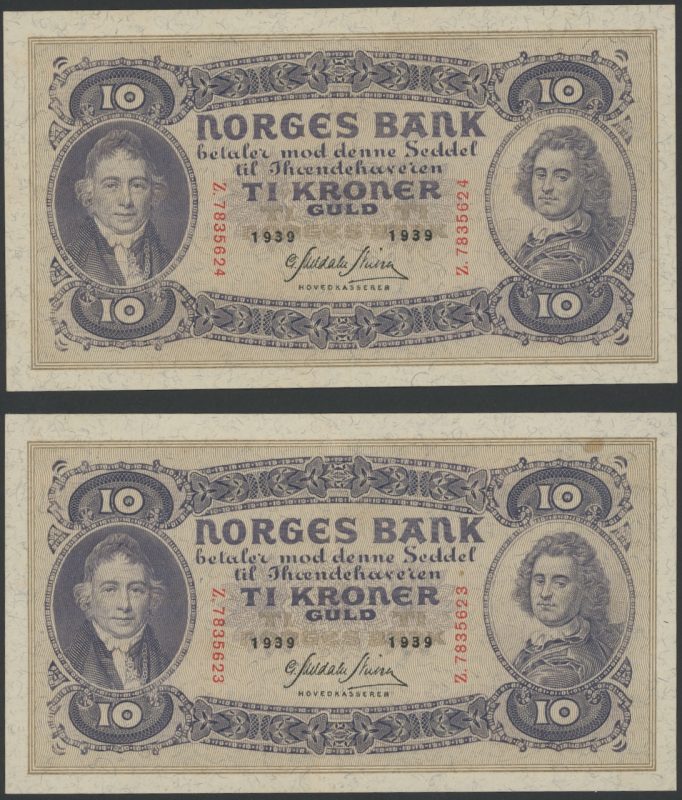 1939 10 kroner Z.7835623-24, 2 stk. i rekkefølge, "23" med flekk, 1+