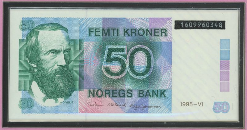 1995 50 kroner 1609960348, sort overtrykk, 6. utgave, i folder, 0