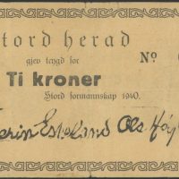 1940 Stord Herad 10 kroner, nødseddel, 1-