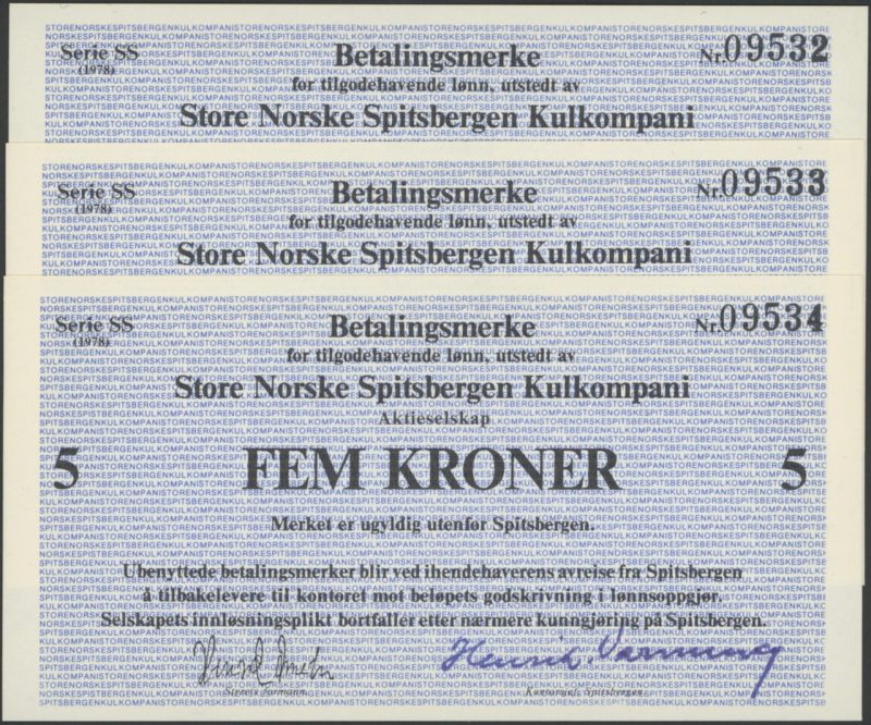 1978 Store Norske Spitsbergen Kulkompani 5 kroner, 3 stk. i rekkefølge, serie SS, Nr. 09532-34, 0