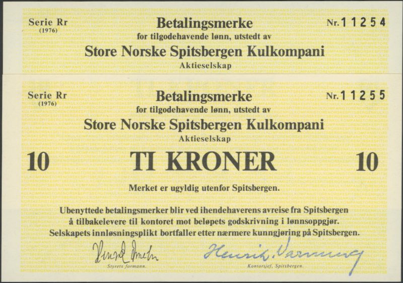 1976 Store Norske Spitsbergen Kulkompani 10 kroner, 2 stk. i rekkefølge, serie Rr, Nr.11254-55, 0